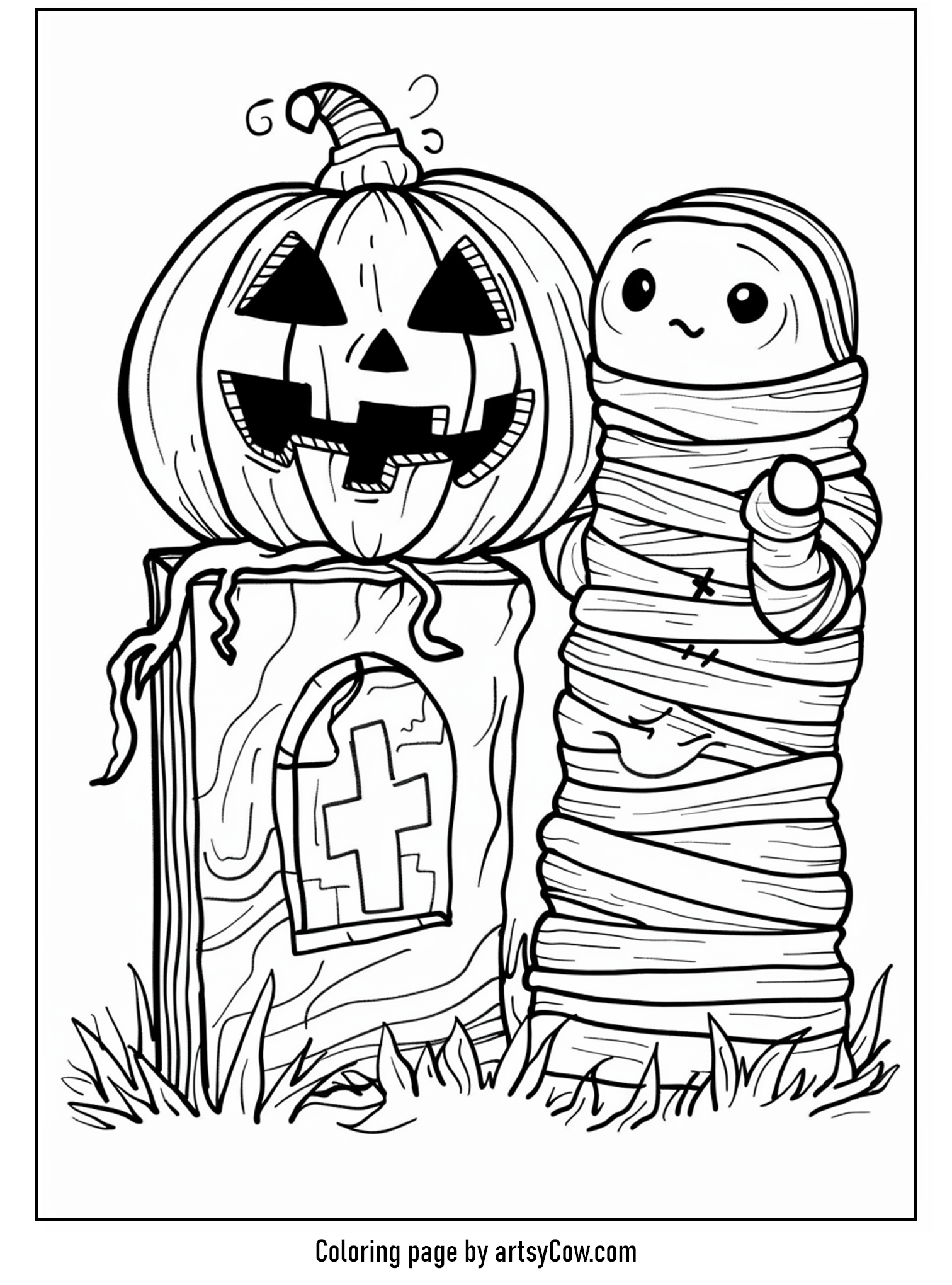 halloween pumpkin drawings for kids, featuring a cheerful smiling pumpkin, a cute mummy, and a spooky tombstone.
